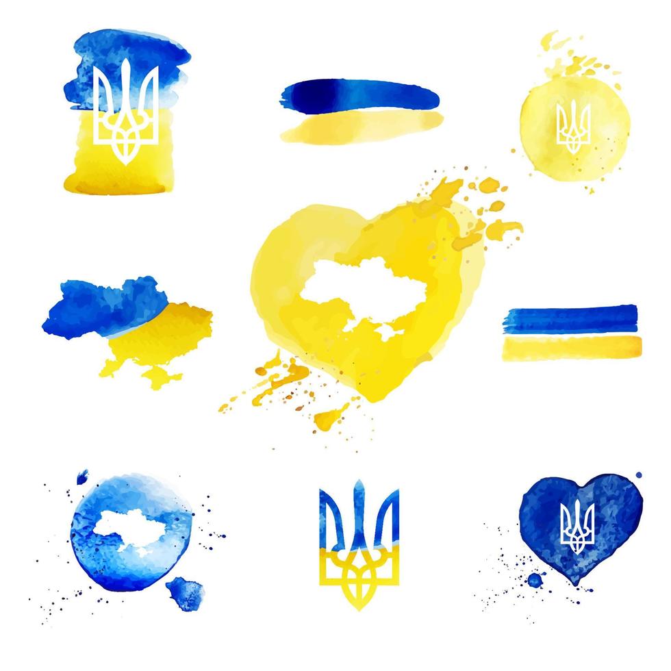 Set of Vector Watercolor Symbols of Ukraine - Flag, Coat of Arms, Map. Perfect for Social Media, Banners, Cards, Printed Materials, etc.
