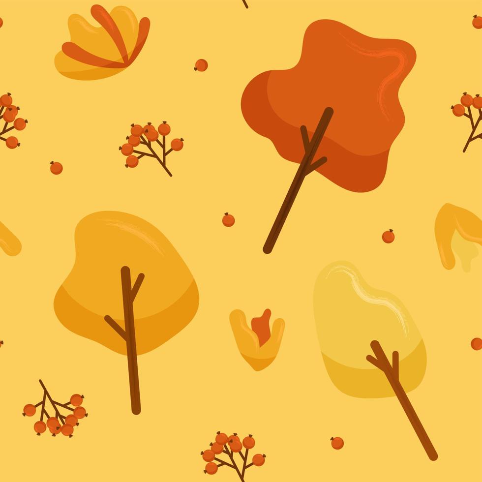 Vector Autumn Seamless Pattern With Decorative Trees, Grass and Berries. Perfect for Wrapping Paper, Textile, etc.
