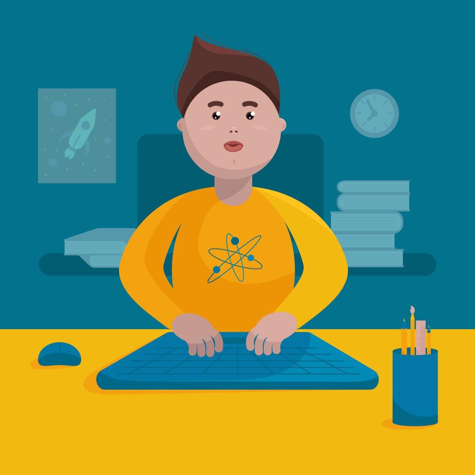 Schoolboy Sitting in Front of a Computer With the Blackboard, Books, Poster and Clock on the Background. Vector Illustration Perfect for Social Media, Banners, Printed Materials, etc.