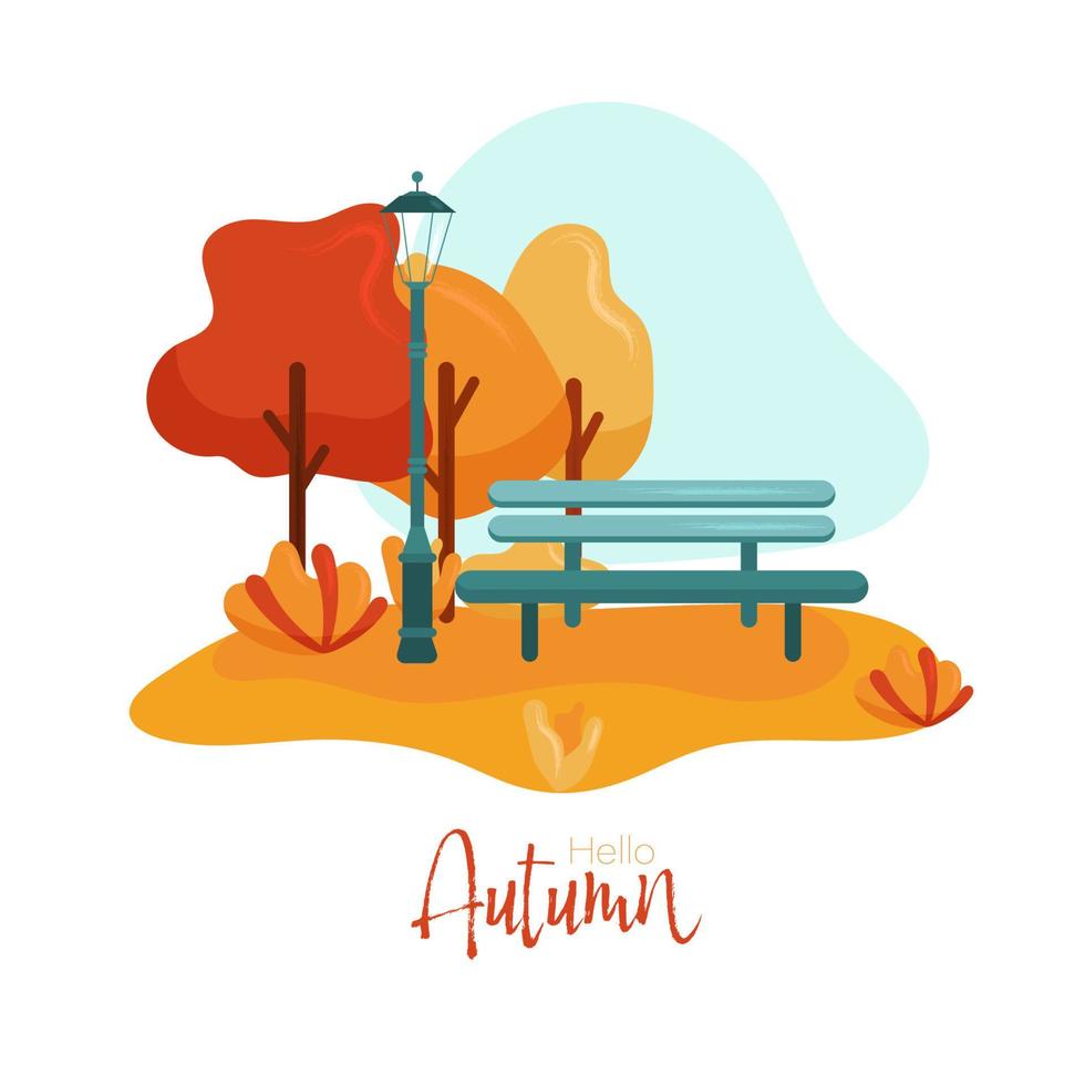 cálida ilustración vectorial de otoño con árboles, banco y luz de la calle. perfecto para pancartas, redes sociales, tarjetas, materiales impresos, etc. vector