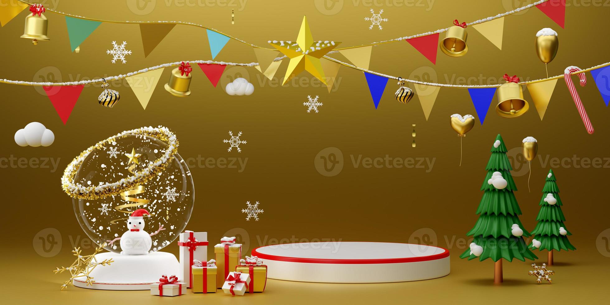 Podium Empty and Christmas tree with gift box and snow globe in Gold composition for modern stage display and minimalist mockup ,Concept Christmas and a festive New Year, 3d illustration or 3d render photo