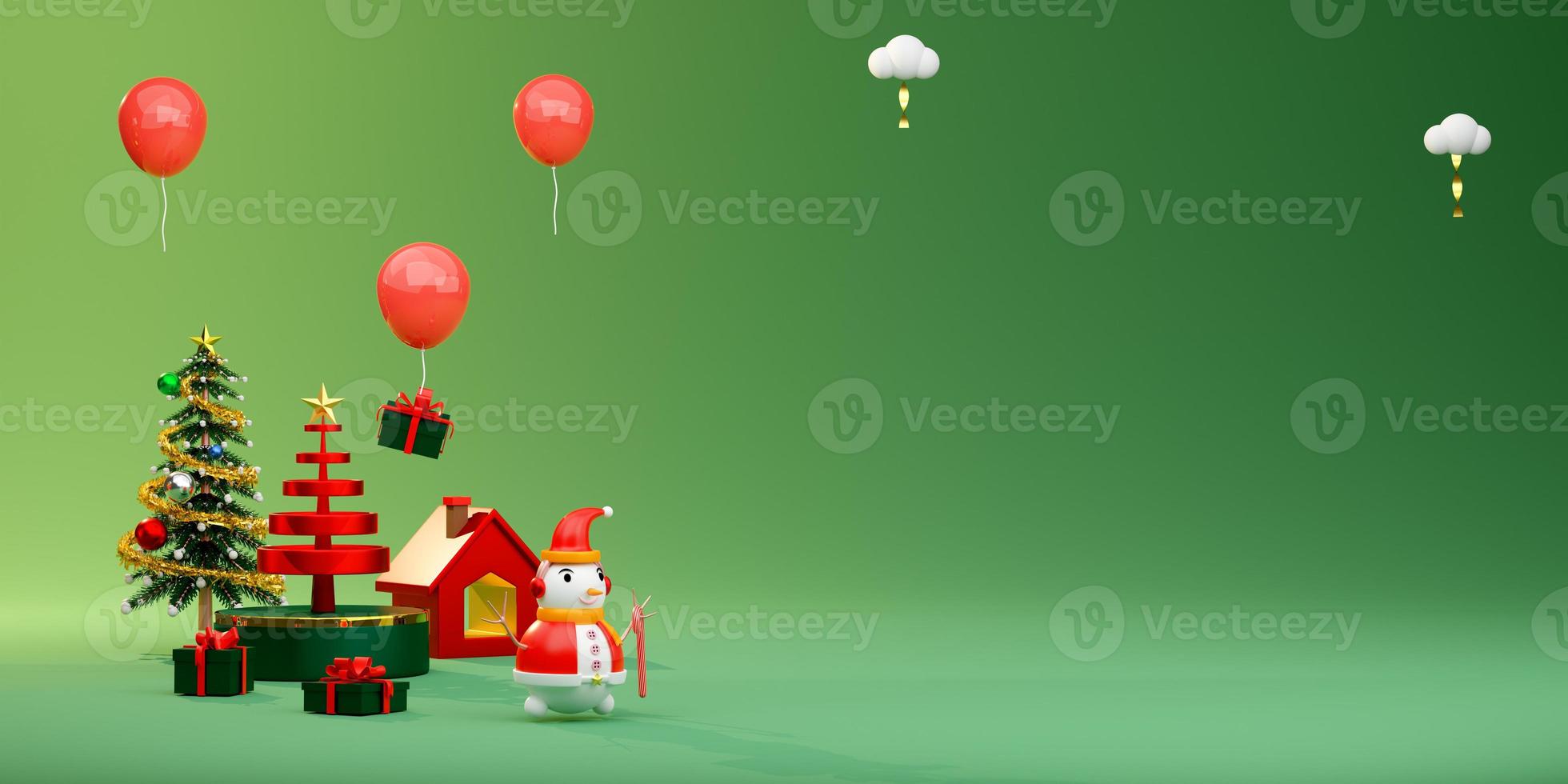 snowman with home and Christmas tree in green composition for website or poster or Happiness cards,Christmas banner and festive New Year, realistic 3d illustration or 3d render photo