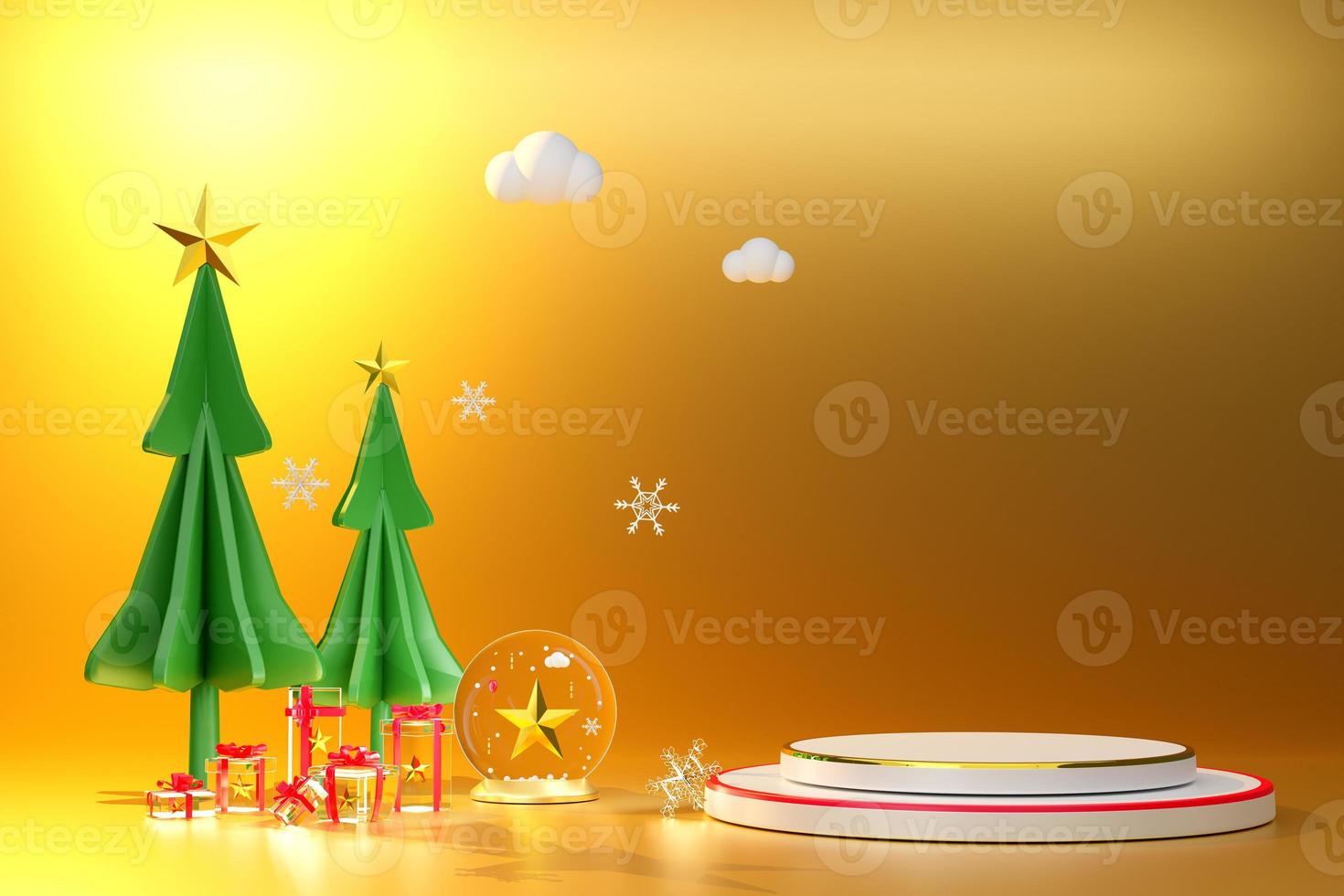 Podium empty and Christmas tree with gift box and ornaments in Gold composition for modern stage display and minimalist mockup ,Concept Christmas and a festive New Year, 3d illustration or 3d render photo