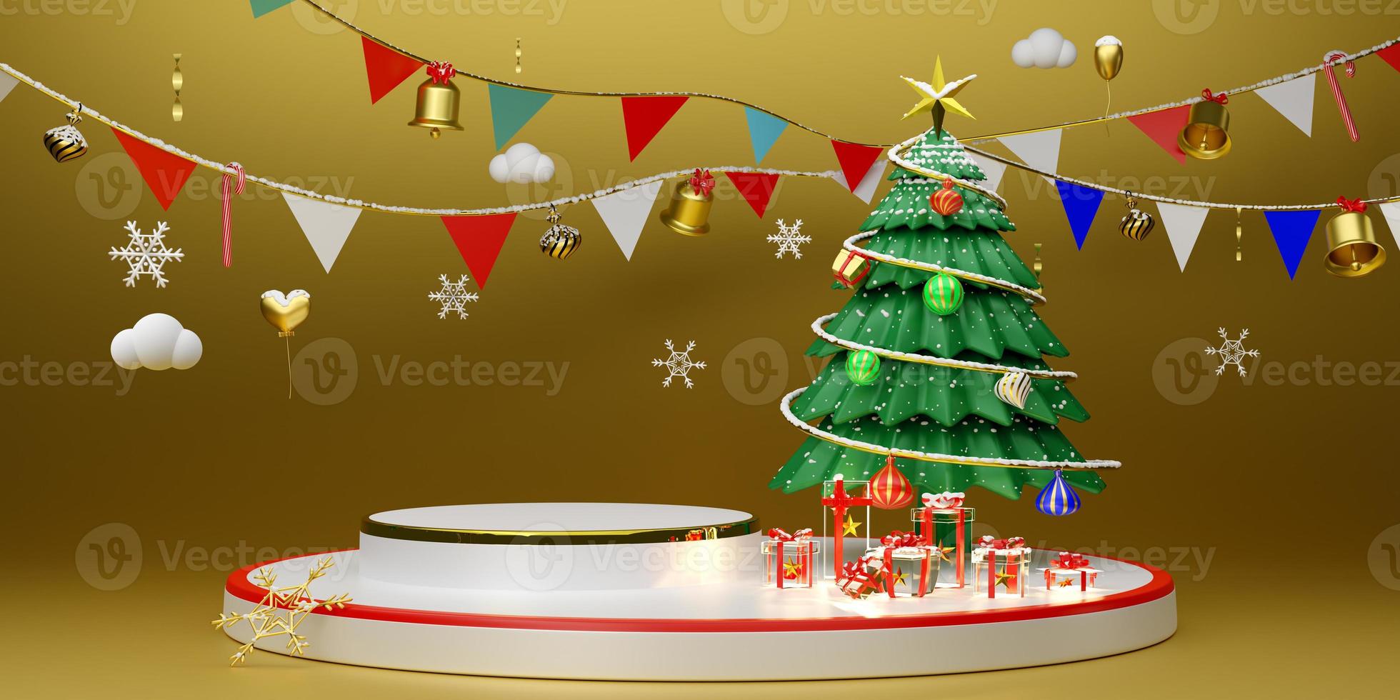 podio vacío y árbol de navidad con caja de regalo y adornos en composición dorada para exhibición de escenario moderno y maqueta minimalista, concepto de navidad y año nuevo festivo, ilustración 3d o renderizado 3d foto