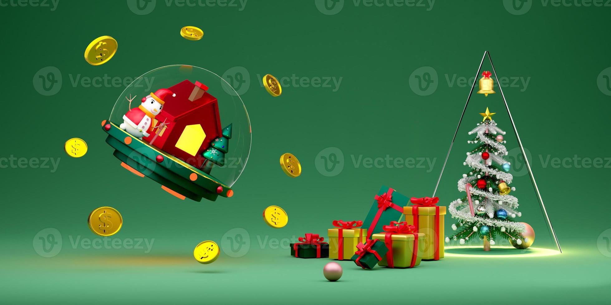 snow globe and Christmas tree with snowman and gold coin in green composition for website or poster or Happiness cards,Christmas banner and festive New Year, realistic 3d illustration or 3d render photo