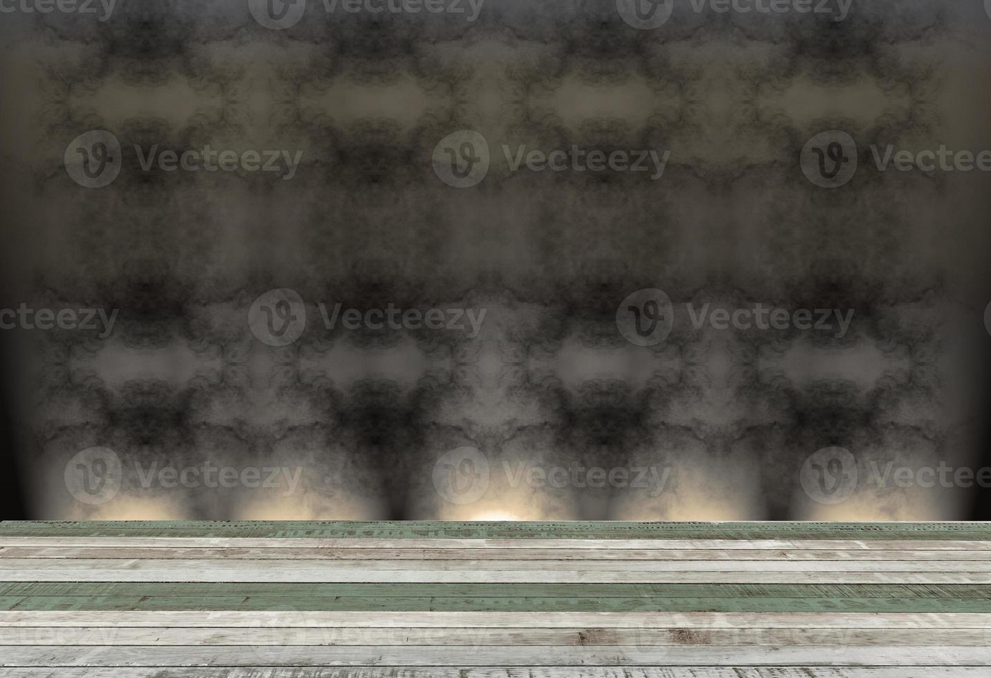 wooden table with abstract background in dark room illuminated by 5 spots photo