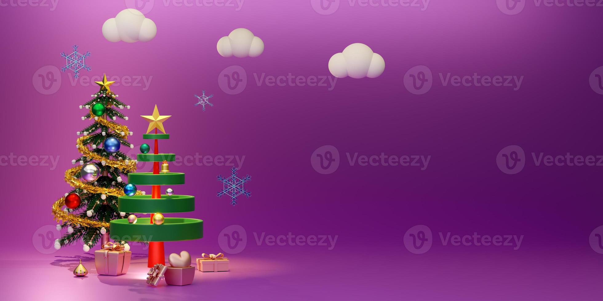 Christmas tree with gift box and ornaments in purple or violet composition for modern stage display and minimalist mockup ,Concept Christmas and a festive New Year, 3d illustration or 3d render photo