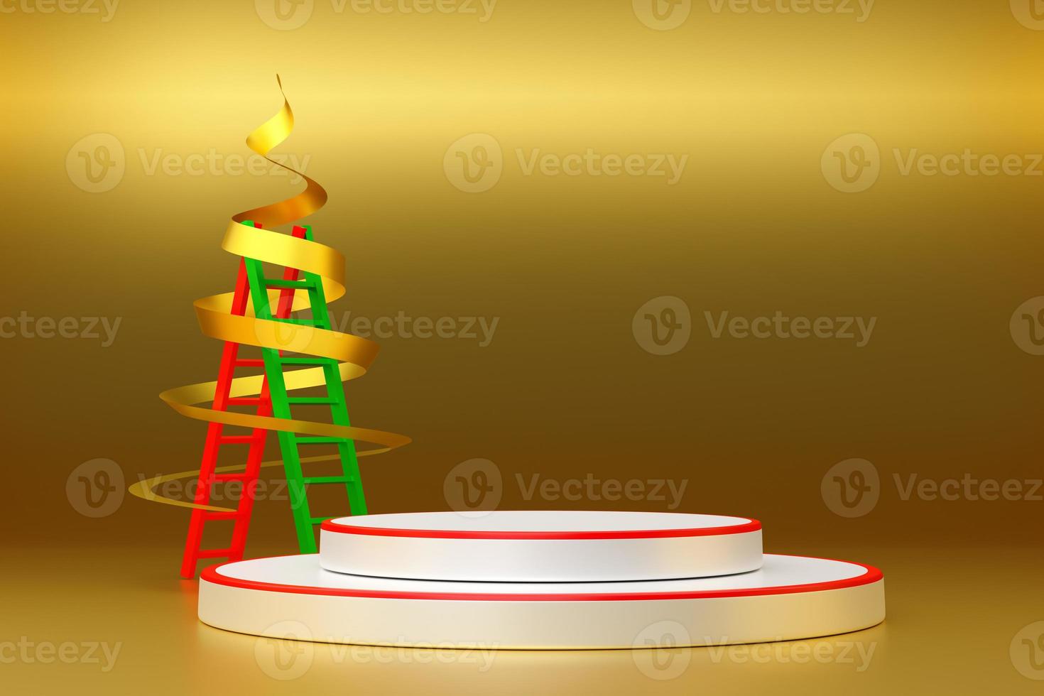 Podium empty and ladder with golden ribbon in Gold composition for modern stage display and minimalist mockup ,abstract showcase background ,3d illustration or 3d render photo