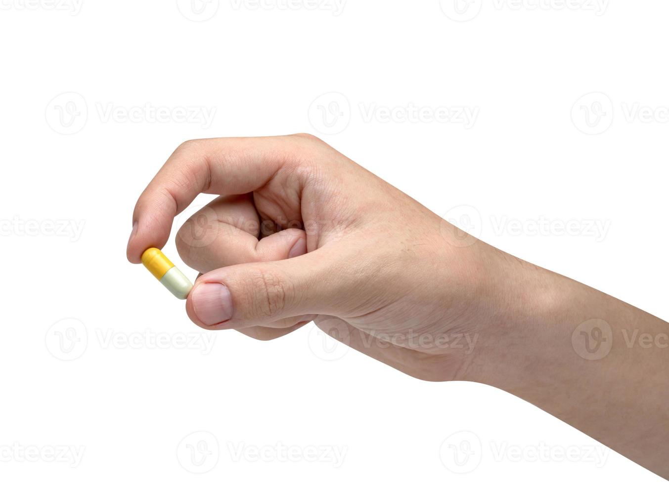 Hand holding capsule pill isolated on white background ,include clipping path photo