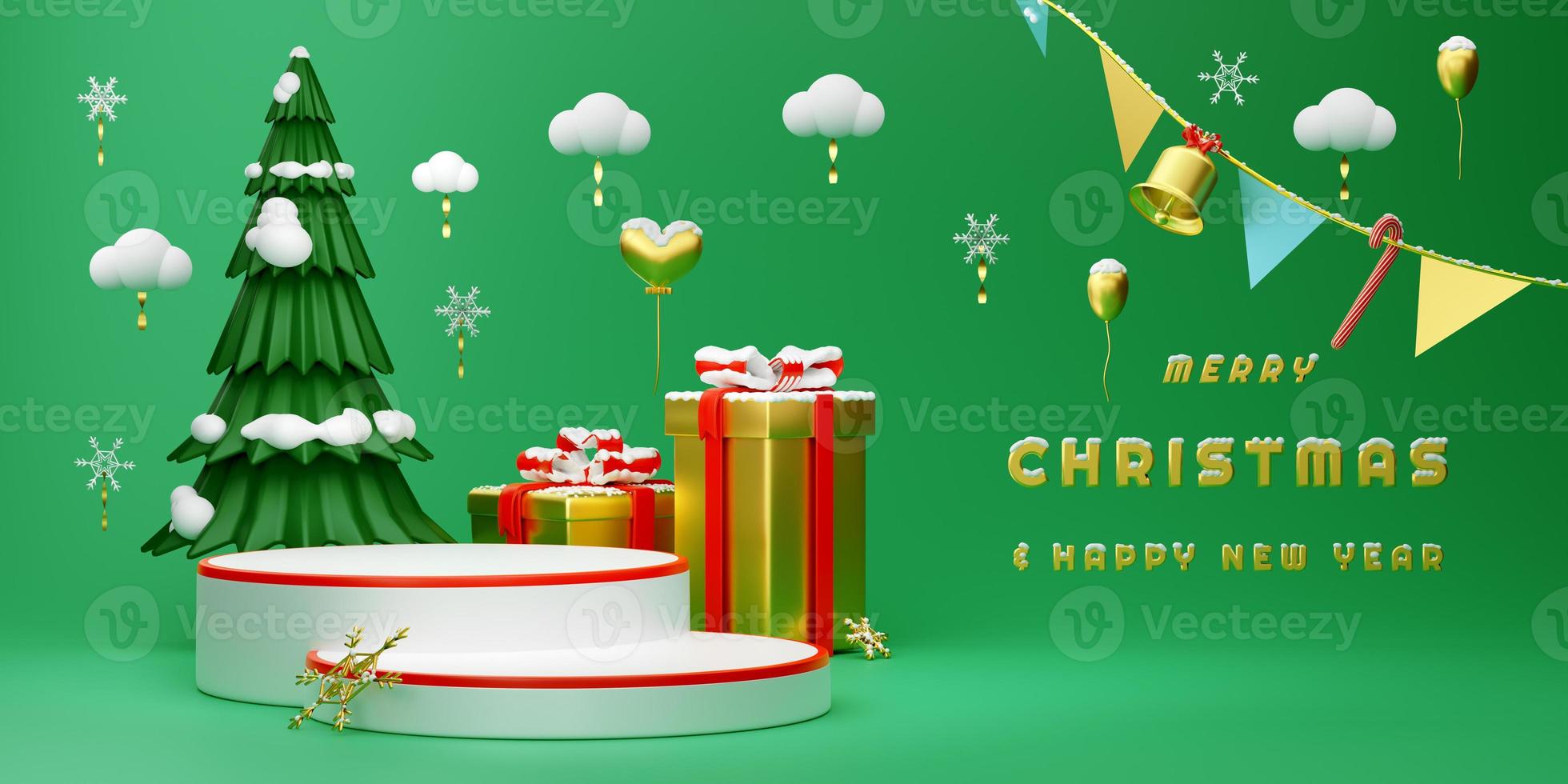 Podium empty with Christmas tree with gift box in green pastel composition for modern stage display and minimalist mockup ,Concept Christmas and a festive New Year, 3d illustration or 3d render photo