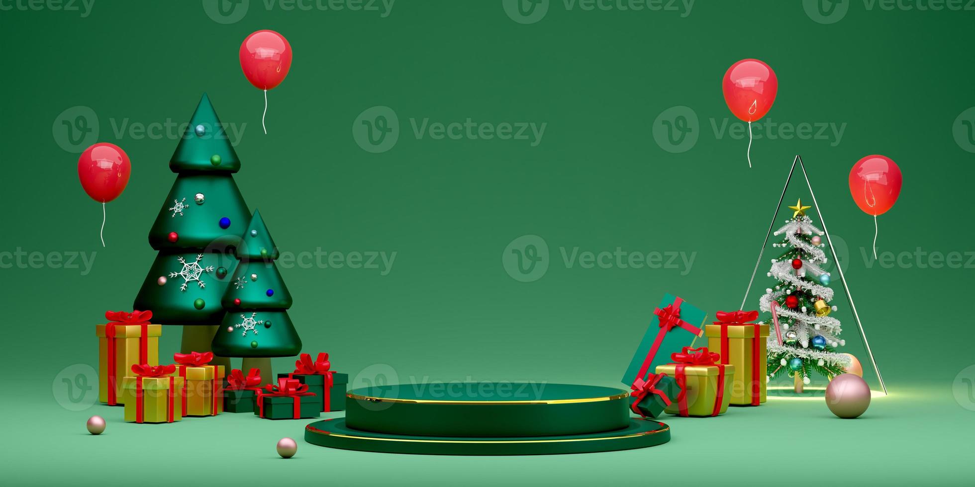 Podium empty with Christmas tree in green composition for website or poster or Happiness cards,Christmas banner and festive New Year, realistic 3d illustration or 3d render photo