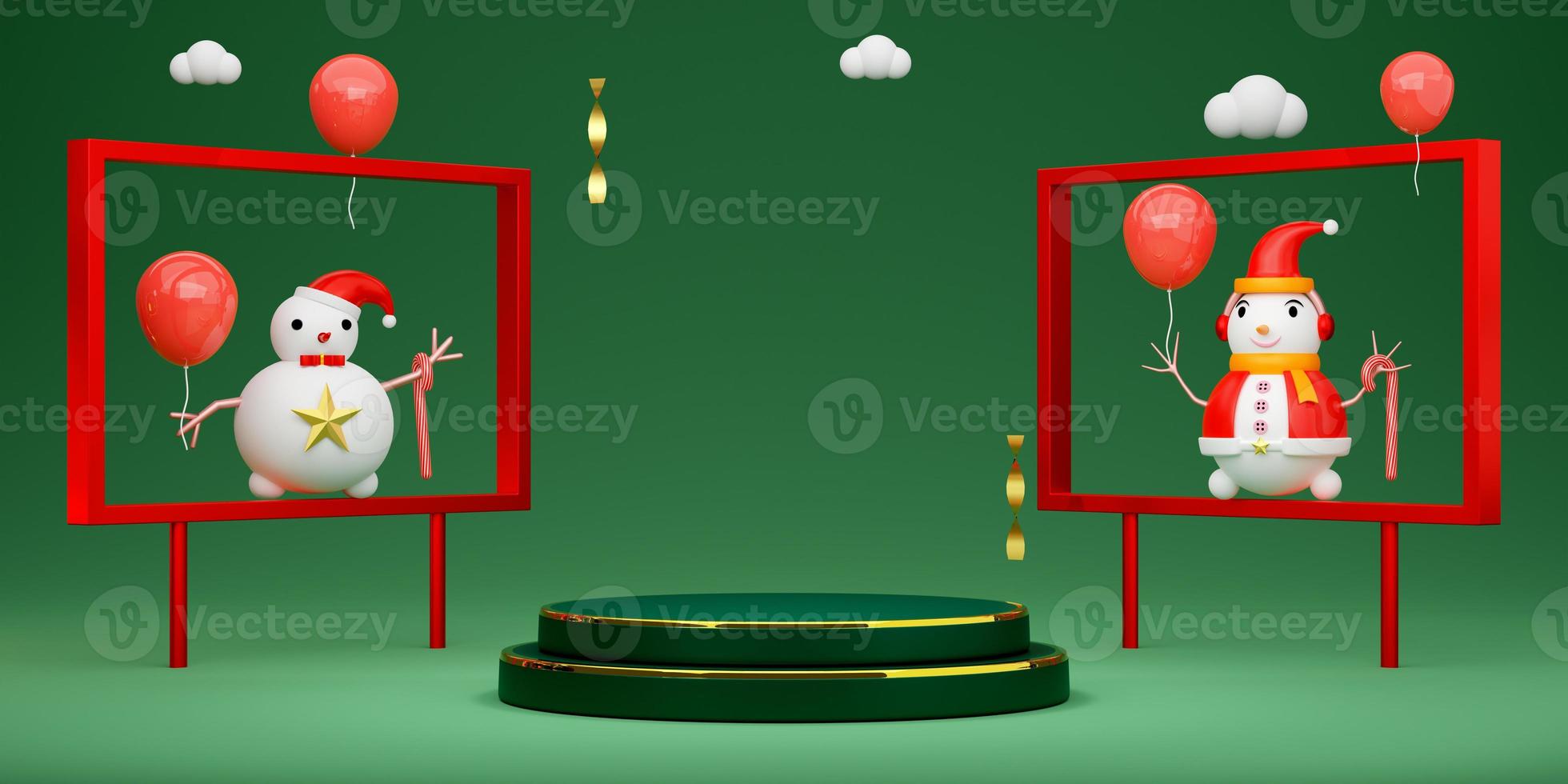 Podium Empty and snowman with frame and geometric shapes in green composition for website or poster or Happiness cards,Christmas banner and festive New Year, realistic 3d illustration or 3d render photo