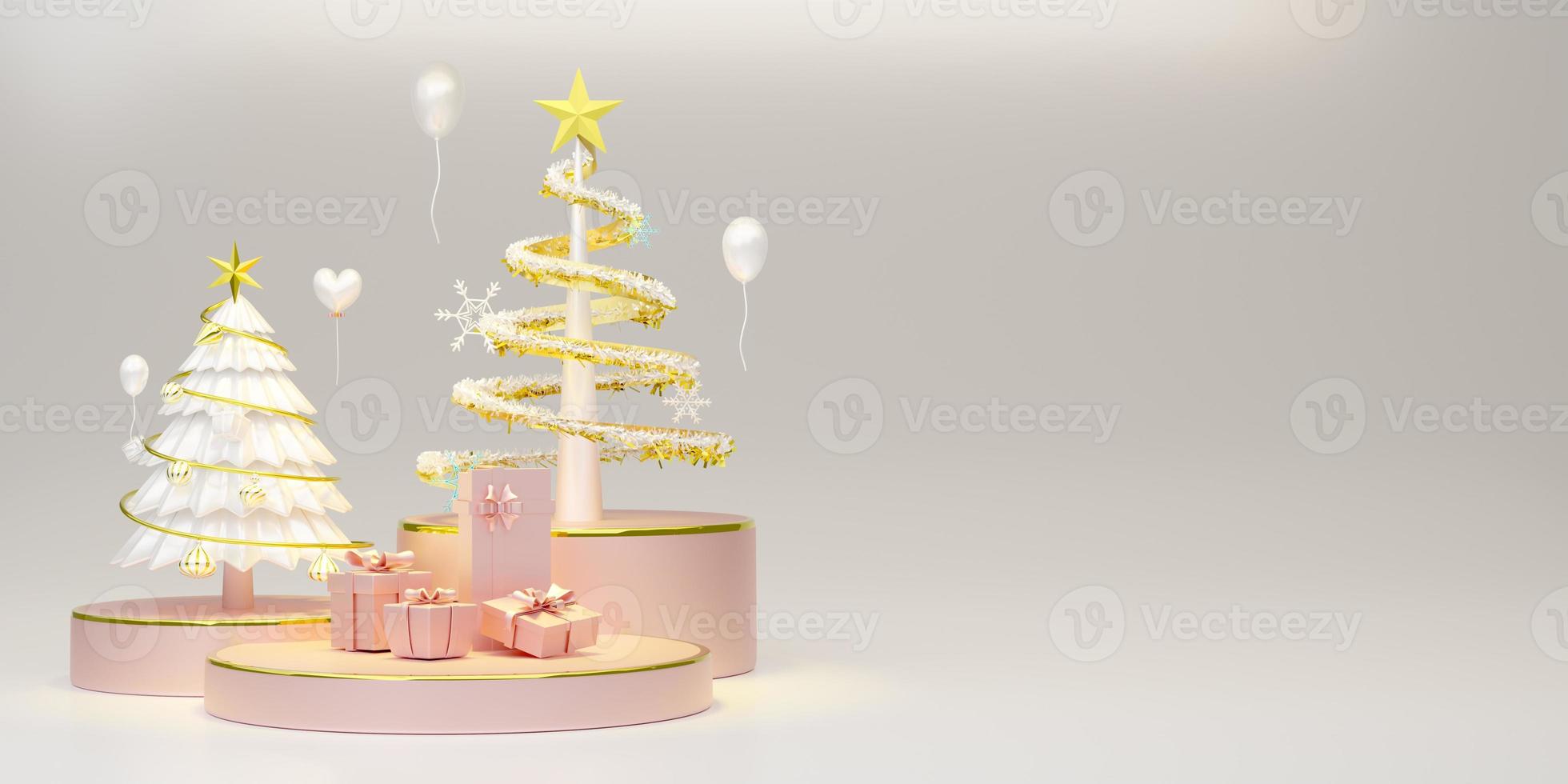 Christmas tree with gift box and ornaments in white composition for modern stage display and minimalist mockup ,Concept Christmas and a festive New Year, 3d illustration or 3d render photo