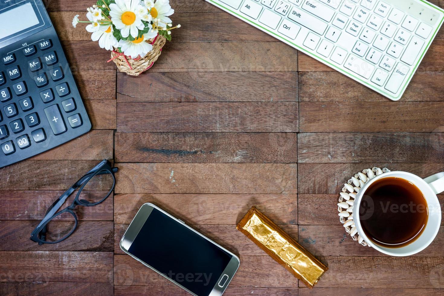 coffee with office equipment on desktop,top view with copy space photo