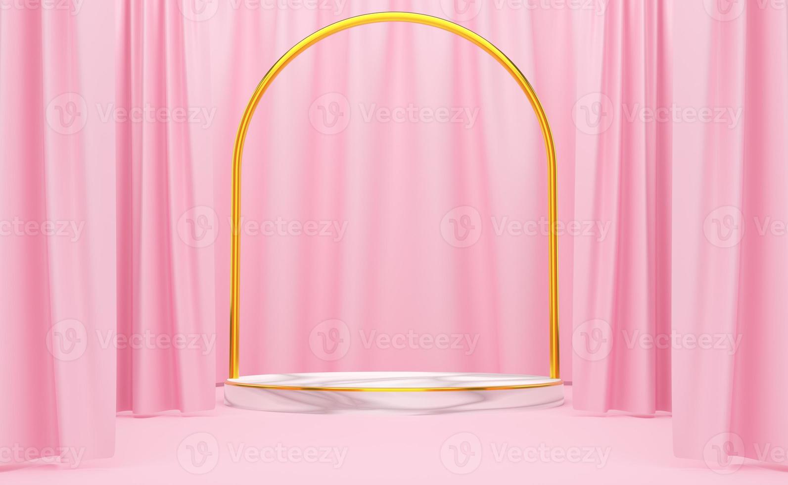 podium empty with geometric shapes and curtain in pink pastel composition for modern stage display and minimalist mockup ,abstract showcase background ,Concept 3d illustration or 3d render photo