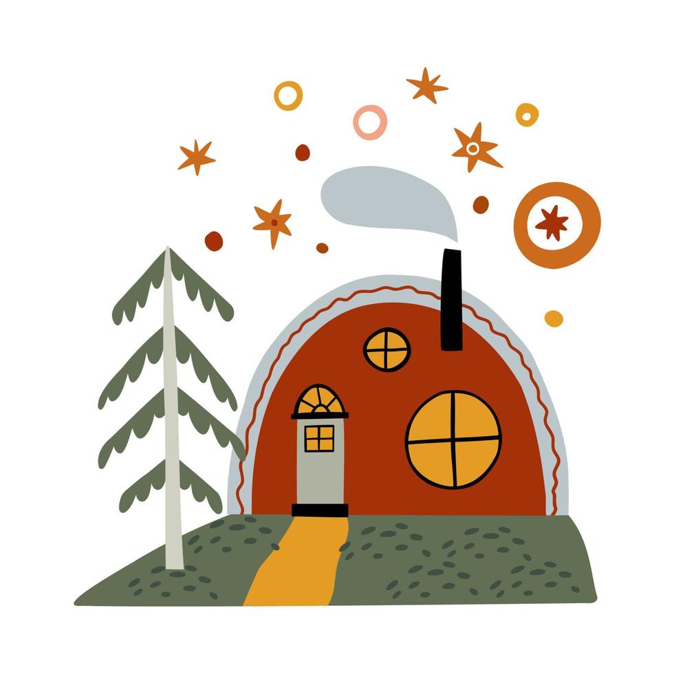 a forest house next to a pine tree is drawn in a flat style by hand. vector children's illustration.