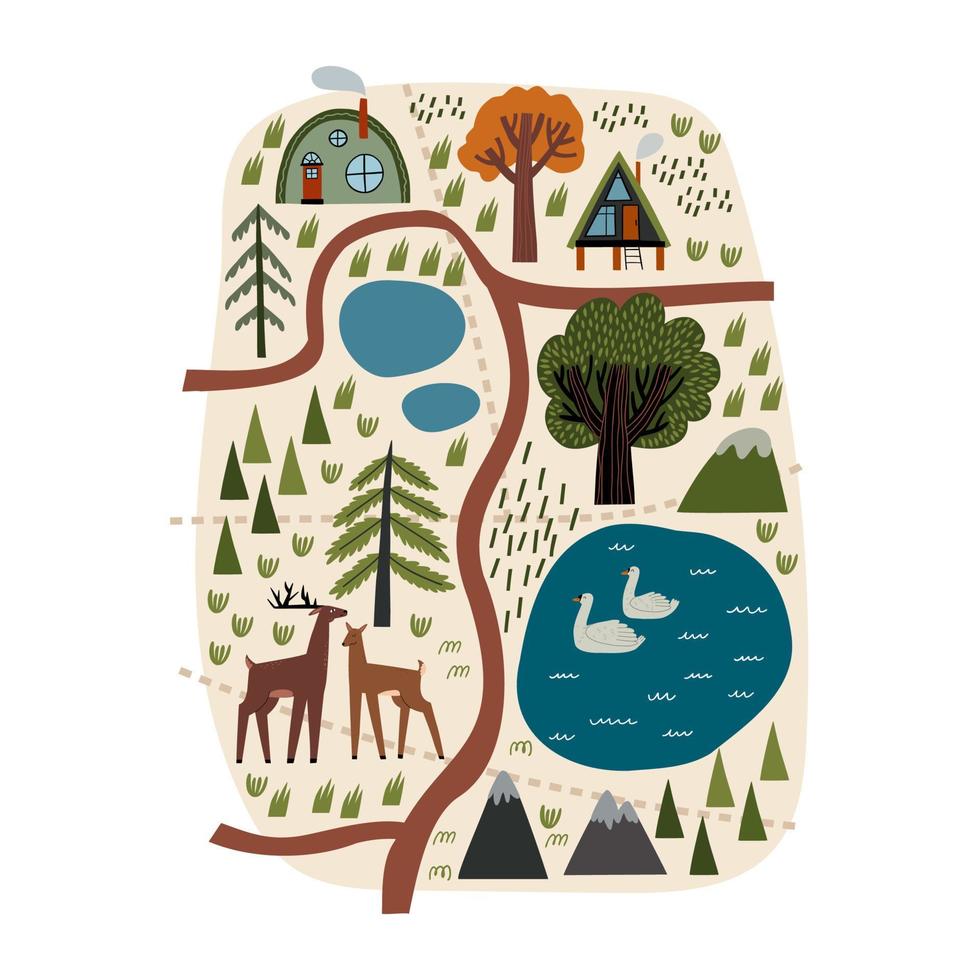 mapa forestal con animales y caminos y lagos dibujados a mano en estilo plano. ilustración infantil vectorial. vector