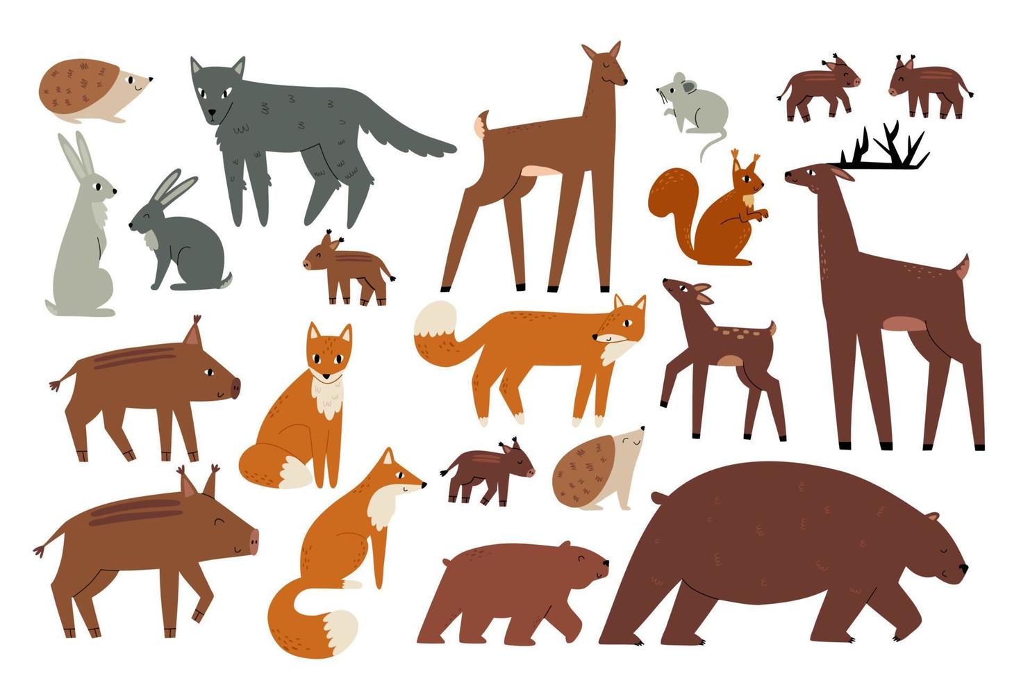 Collection of forest animals drawn in flat style. Bears, deer, wolf, hares. Wild nature vector