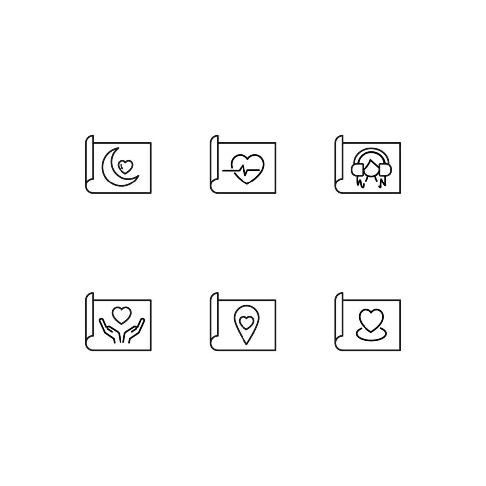 Modern monochrome symbols for web sites, apps, articles, stores, adverts. Editable strokes. Vector icon set with icon of moon, heart, girl, outstretched hands on paper sheet