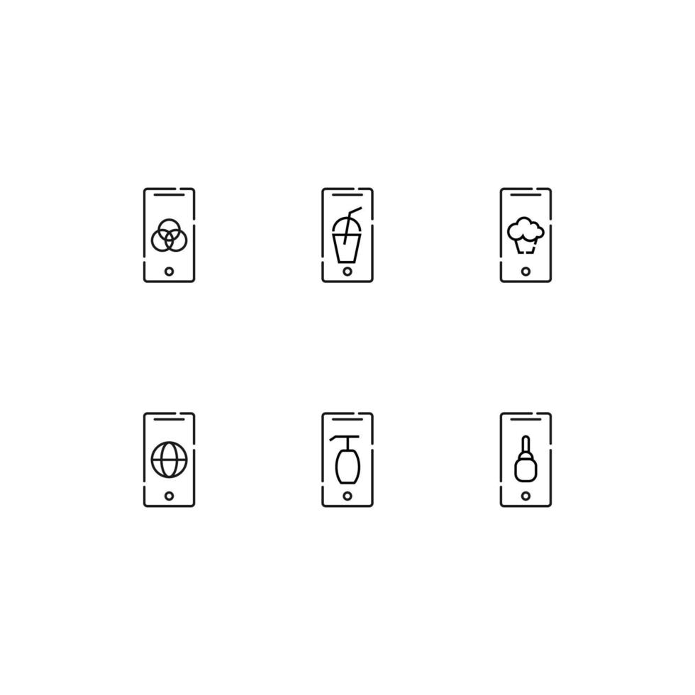 Modern monochrome symbols for web sites, apps, articles, stores, adverts. Editable strokes. Vector icon set with icon of circles, beverage, cupcake, globe, cosmetic bottles on phone display