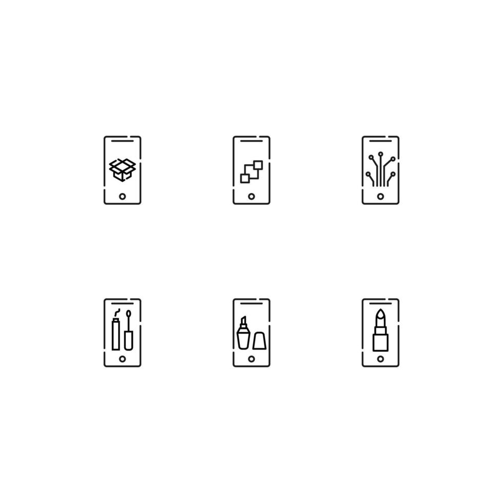 Modern monochrome symbols for web sites, apps, articles, stores, adverts. Editable strokes. Vector icon set with icon of open box, cubes, programming, mascara, lipstick on phone display