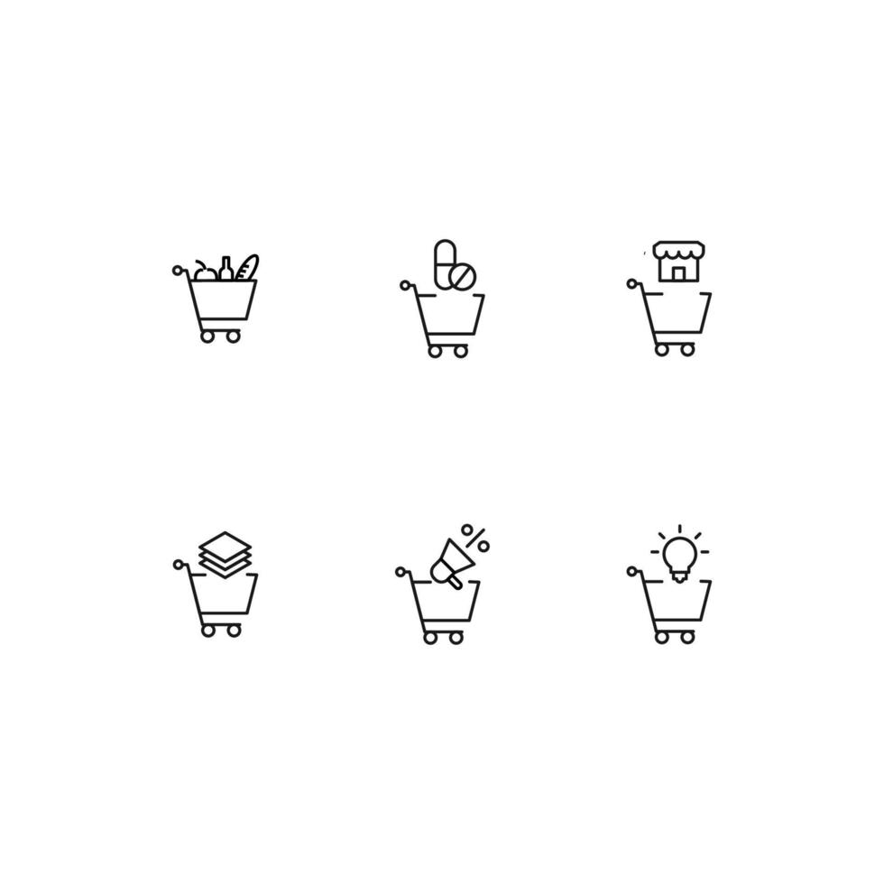 Modern monochrome symbols for web sites, apps, articles, stores, adverts. Editable strokes. Vector icon set with icon of food, pills, house, paper, lamp, megaphone, loud speaker in shopping cart