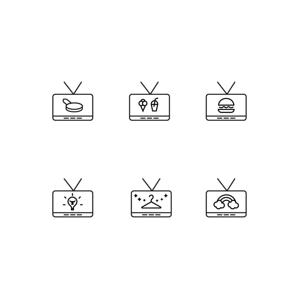Modern monochrome symbols for web sites, apps, articles, stores, adverts. Editable strokes. Vector icon set with icon of frying pan, fast food, lamp, coat hanger, rainbow on tv screen