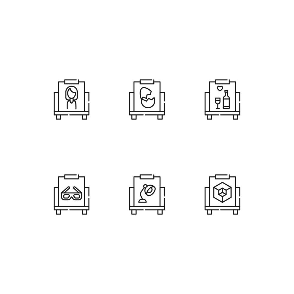 Modern monochrome symbols for web sites, apps, articles, stores, adverts. Editable strokes. Vector icon set with icon of woman, egg, wine, glass, lamp, cube on canvas