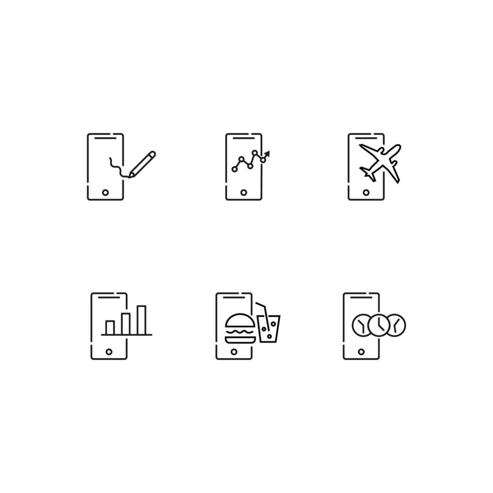 Modern monochrome symbols for web sites, apps, articles, stores, adverts. Editable strokes. Vector icon set with icon of pencil, progress bar, plane, clocks, burger and soda by smartphone screen