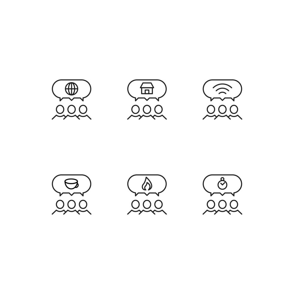 Modern monochrome symbols for web sites, apps, articles, stores, adverts. Editable strokes. Vector icon set with icon of globe, house, internet, cup, burn, fire, timer in speech bubble over people