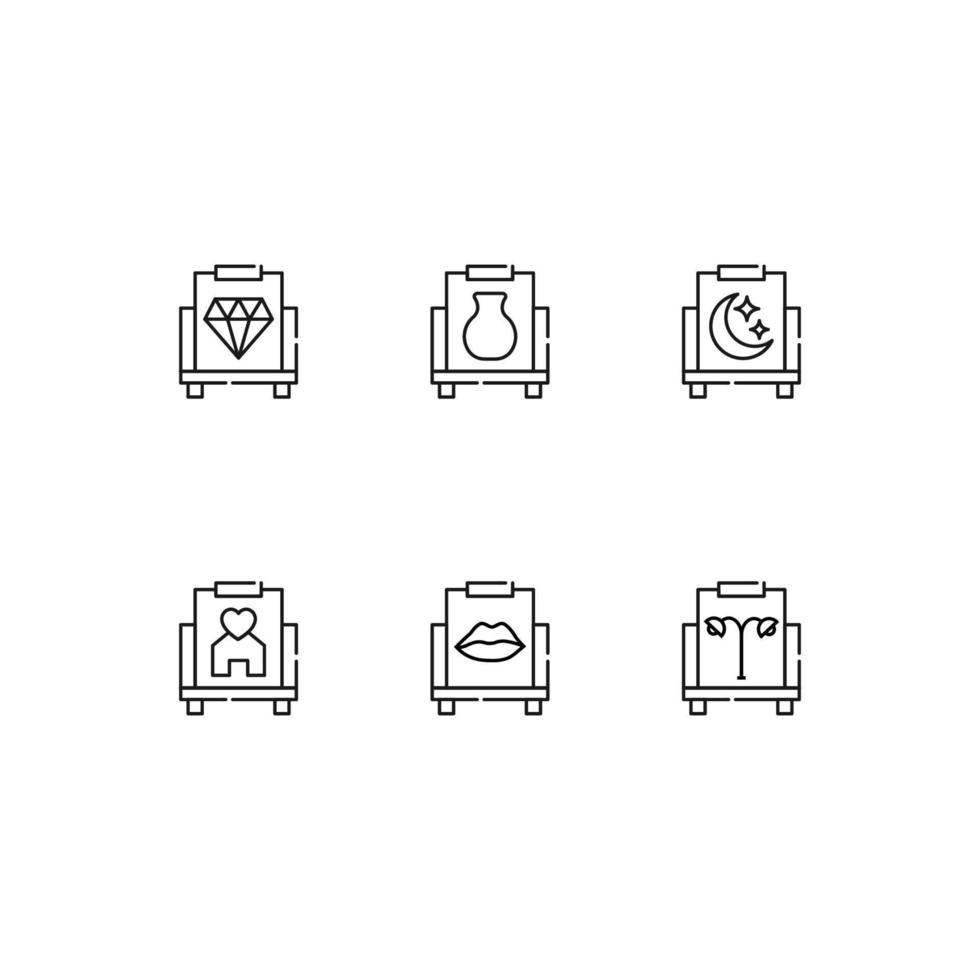 Modern monochrome symbols for web sites, apps, articles, stores, adverts. Editable strokes. Vector icon set with icon of gem, jar, moon, house, lips, street lamps on canvas