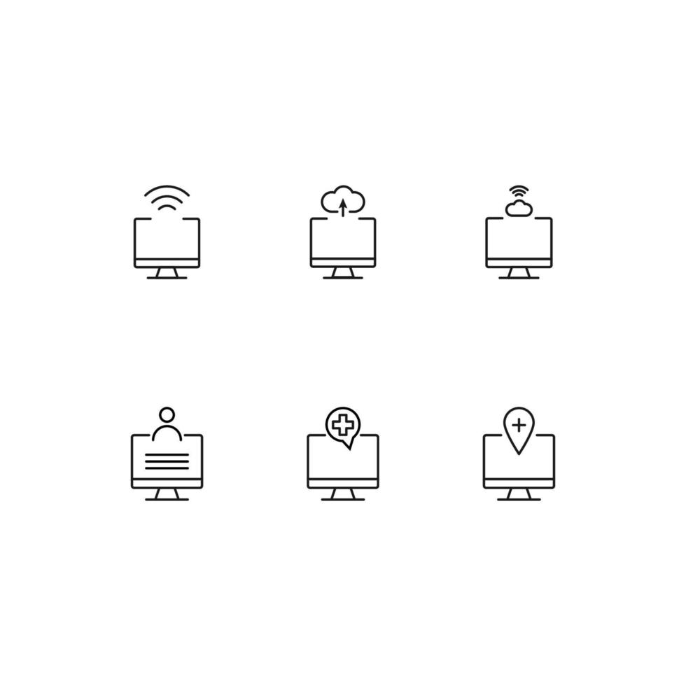 Modern monochrome symbols for web sites, apps, articles, stores, adverts. Editable strokes. Vector icon set with icon of wifi waves, cloud storage, user avatar, medical cross, geotag sign on computer