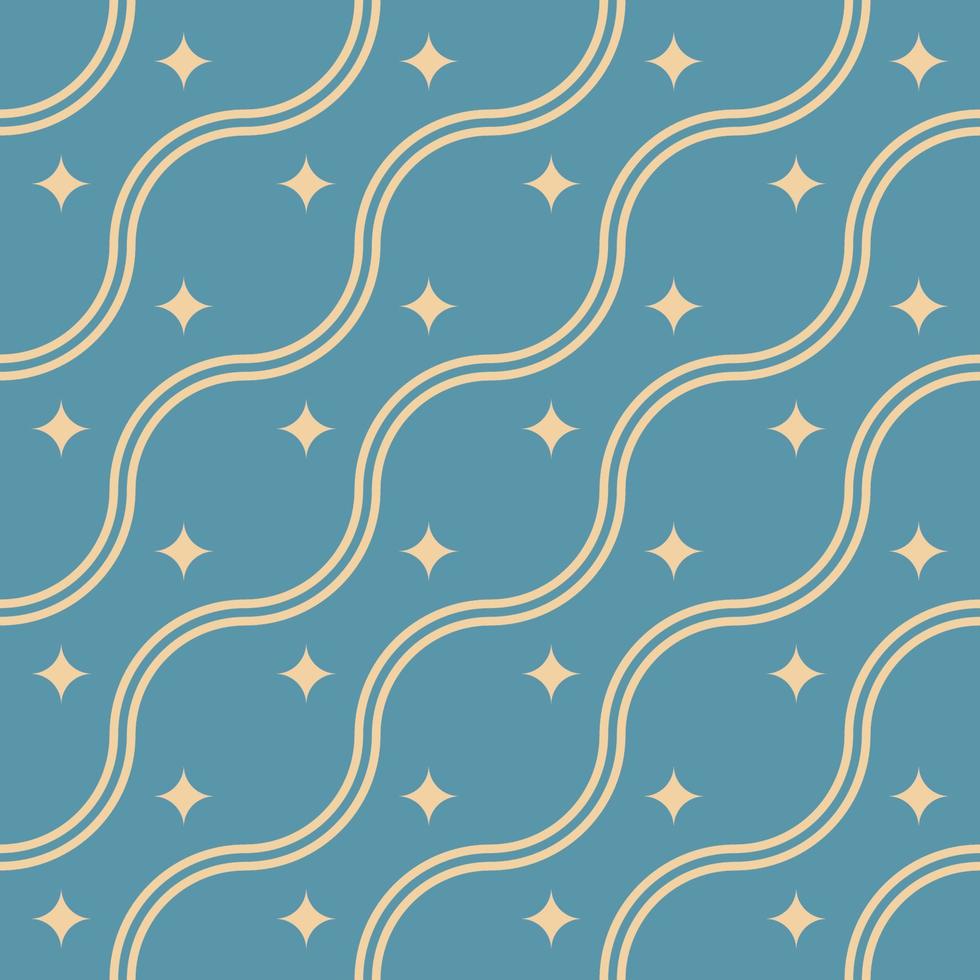 Vivid vector seamless pattern or stars and waving lines on light blue background. Suitable for web sites, wrappers, postcards, placards, textile