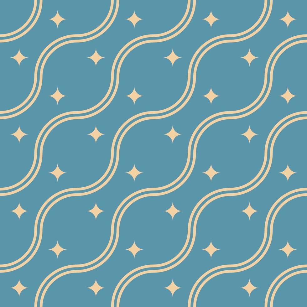 Vivid vector seamless pattern or stars and waving lines on light blue background. Suitable for web sites, wrappers, postcards, placards, textile