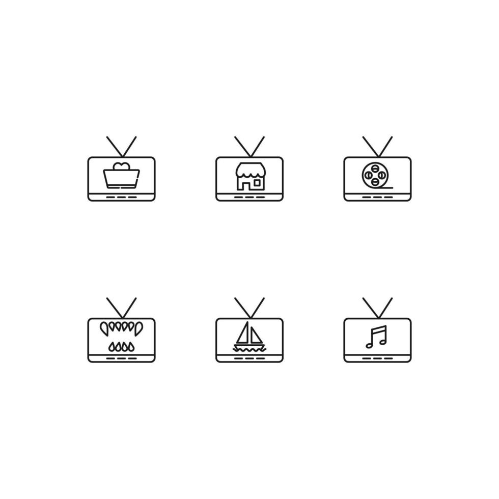 Modern monochrome symbols for web sites, apps, articles, stores, adverts. Editable strokes. Vector icon set with icon of heart, house, film, animal teeth, ship, musical note on tv screen