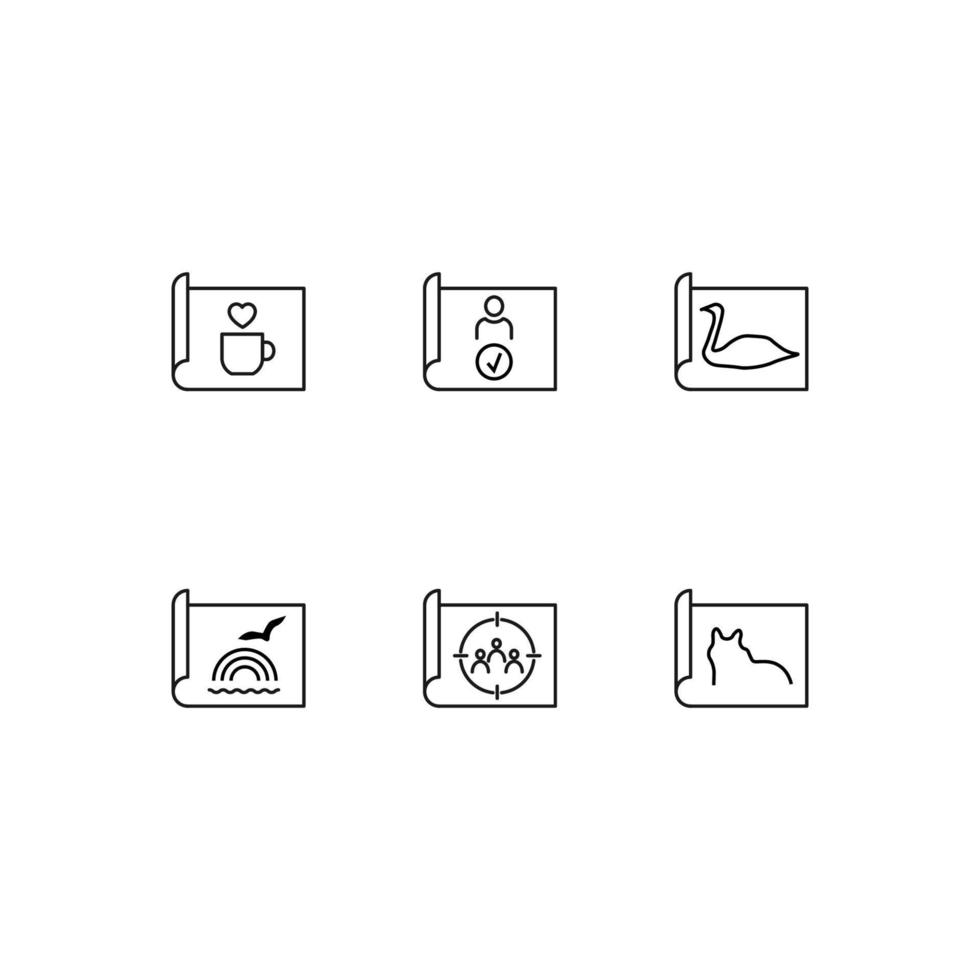 Modern monochrome symbols for web sites, apps, articles, stores, adverts. Editable strokes. Vector icon set with icon of cup, user, swan, sea, stuff, cat on paper sheet