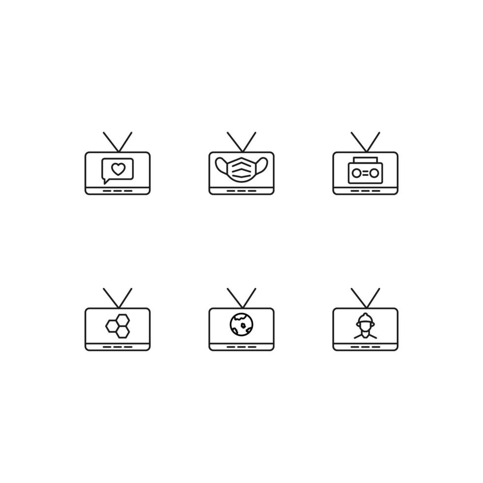 Modern monochrome symbols for web sites, apps, articles, stores, adverts. Editable strokes. Vector icon set with icon of heart, face mask, recorder, honeycomb, planet, builder on tv screen