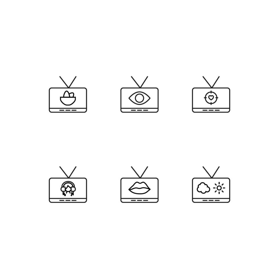 Modern monochrome symbols for web sites, apps, articles, stores, adverts. Editable strokes. Vector icon set with icon of eggs, eye, heart, girl, lips, sun, cloud on tv screen