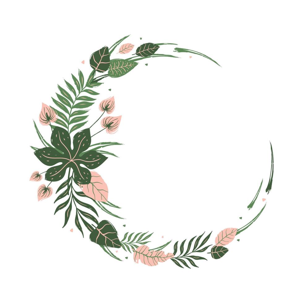 Round frame of tropical leaves and flowers vector