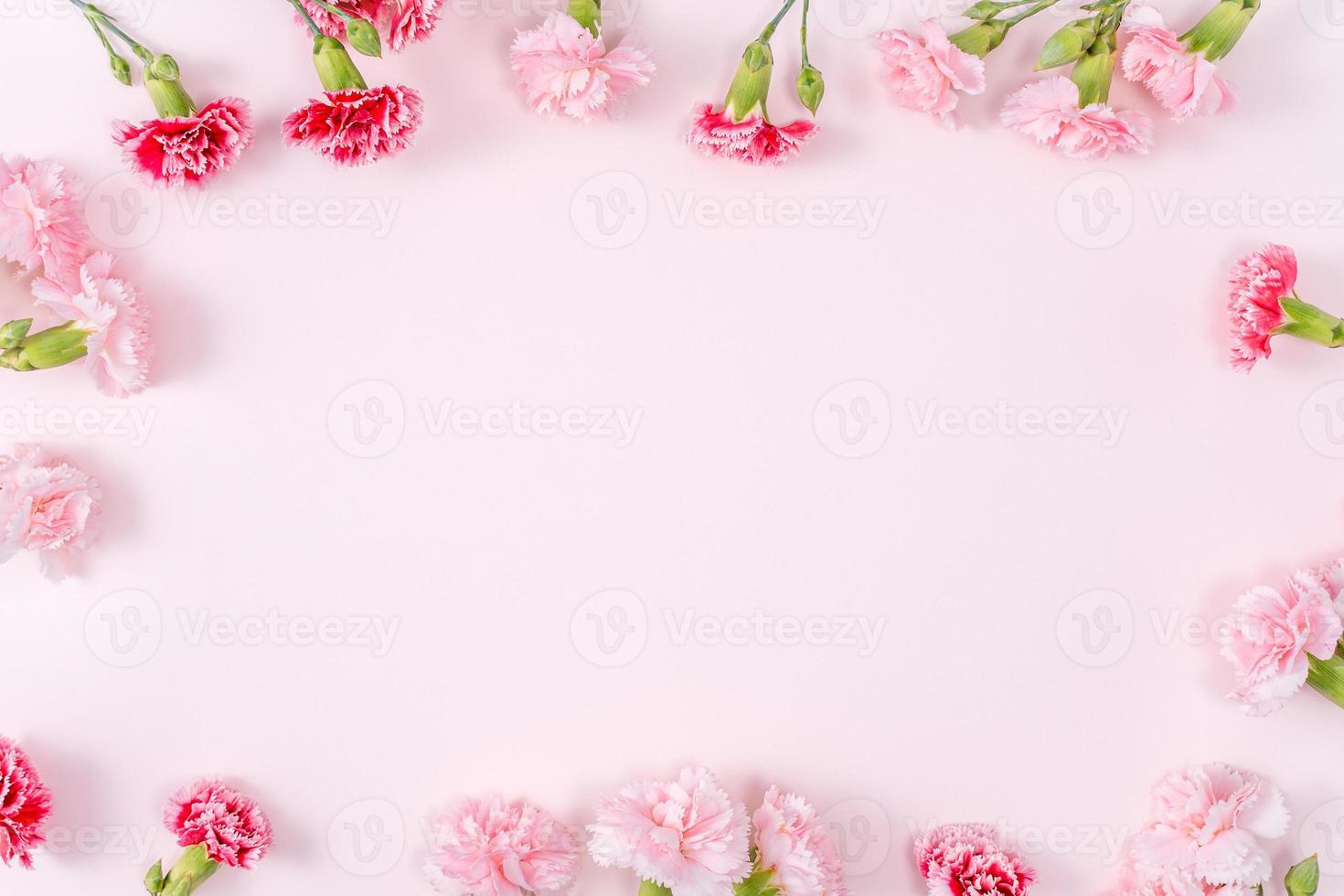 Mother's Day, Valentine's Day background design concept, beautiful pink, red carnation flower bouquet on pink table, top view, flat lay, copy space. photo
