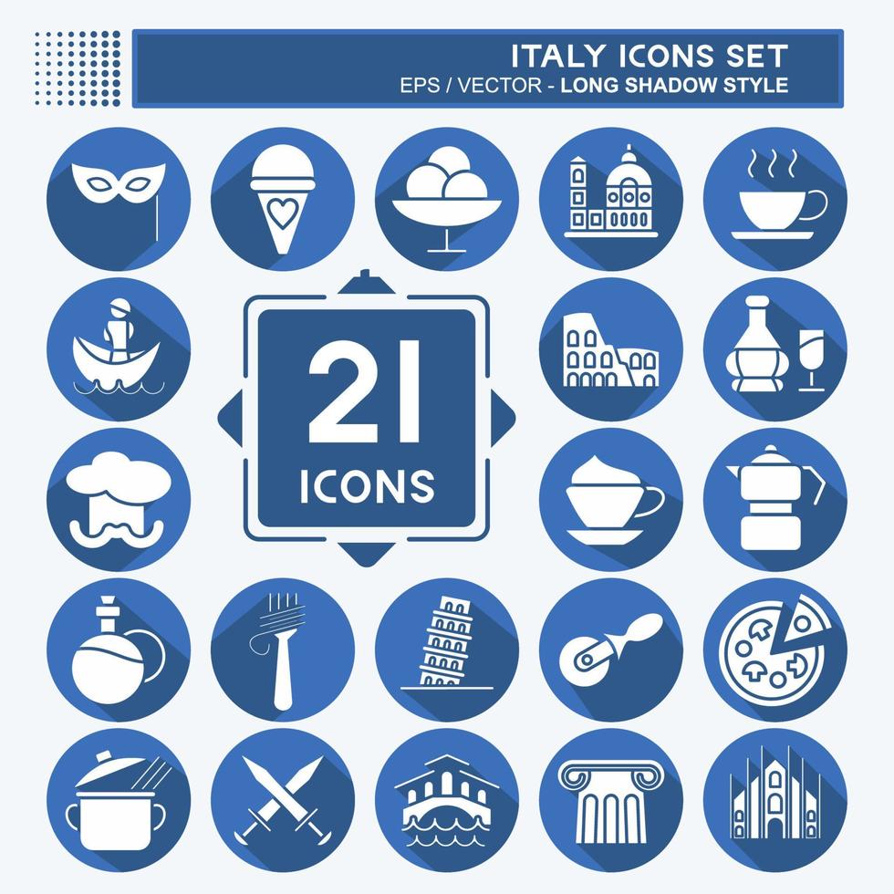 conjunto de iconos de italia. adecuado para el símbolo de la educación. estilo de sombra larga. diseño simple editable. vector de plantilla de diseño. ilustración sencilla