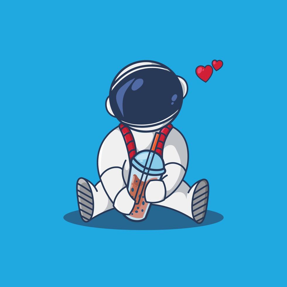 Chibi astronaut sitting with ice drink vector