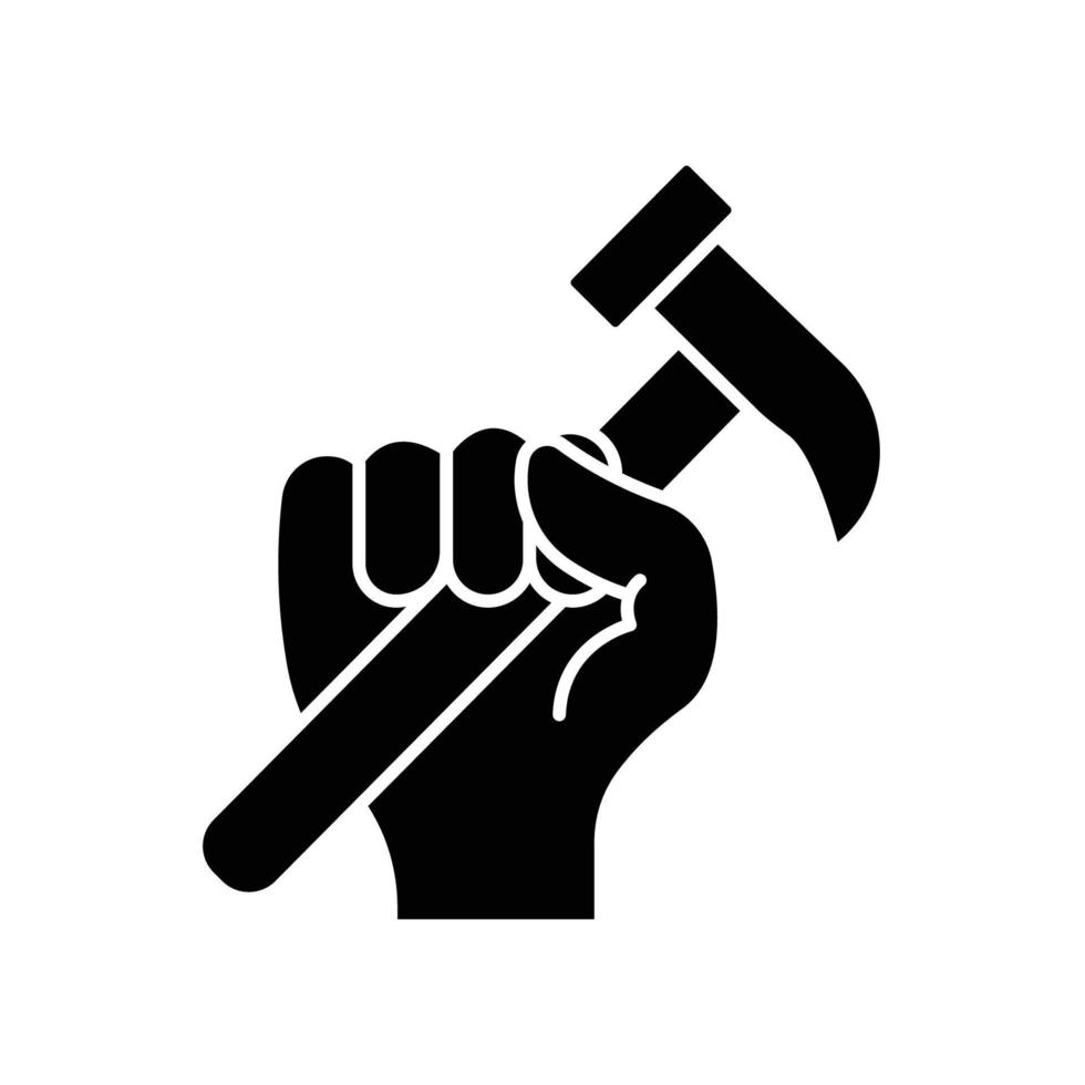 mano que sostiene el icono del martillo. icono relacionado con la construcción, el día del trabajo. estilo de icono de glifo, sólido. diseño simple editable vector