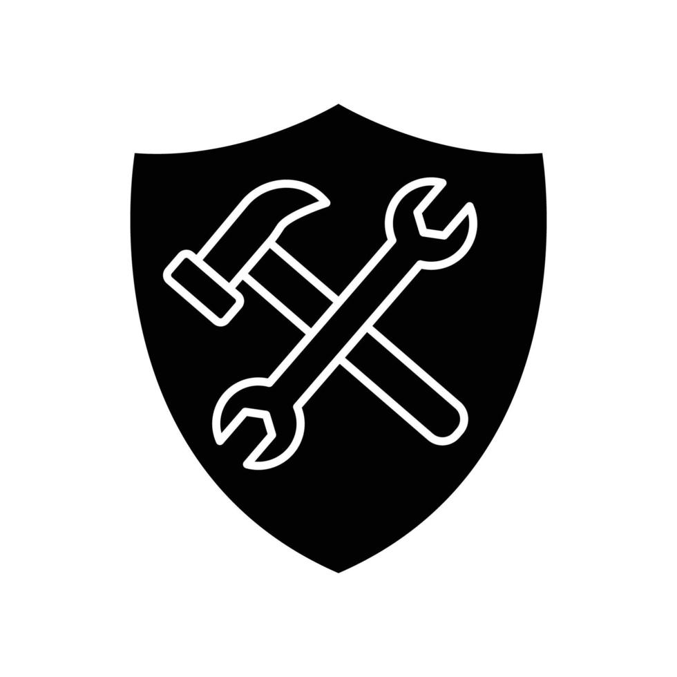 Double wrench icon and hammer in shield. icon related to construction, job security, labor day. Glyph icon style, solid. Simple design editable vector