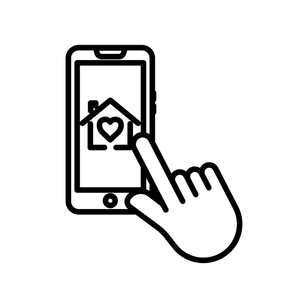 Hand touch icon with house of love in mobile phone. icon related to charity, affection, love. Line icon style. Simple design editable vector