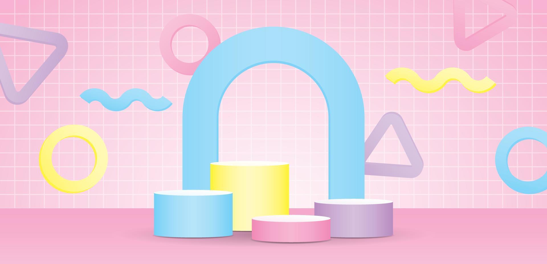 cute pastel colorful product podium set with arch and fun geometric element 3d illustration vector on grid pattern wall and sweet pink floor background