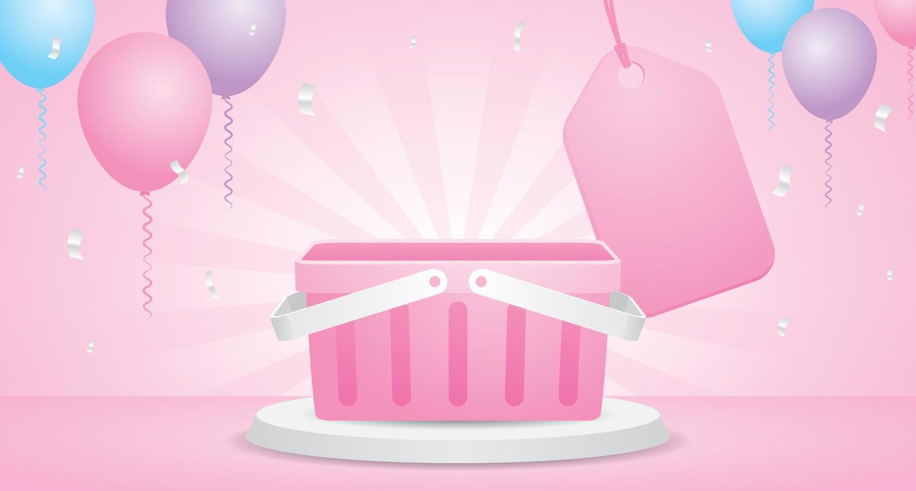 cute pink shopping basket on white round podium display 3d illustration vector with price tag and sweet pastel balloons graphic element