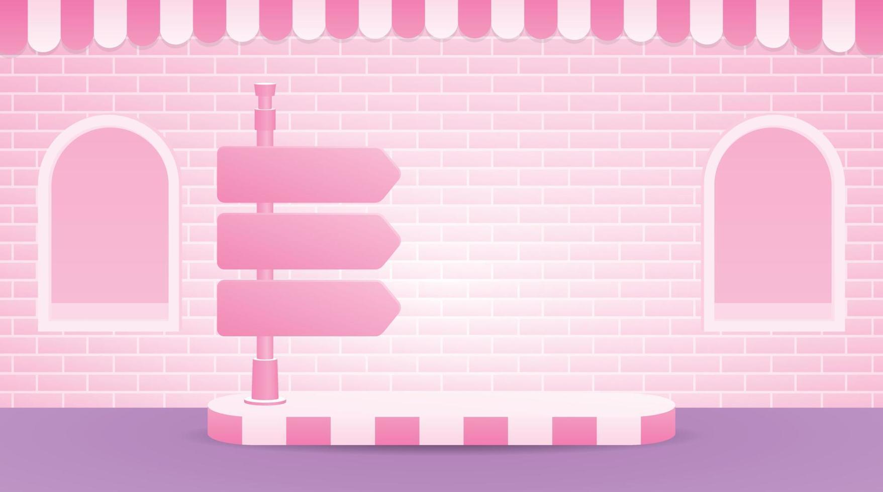 cute pink signpost with podium on sweet pastel pink brick wall with awning and window background 3d illustration vector scene for putting your object in cute girly urban theme