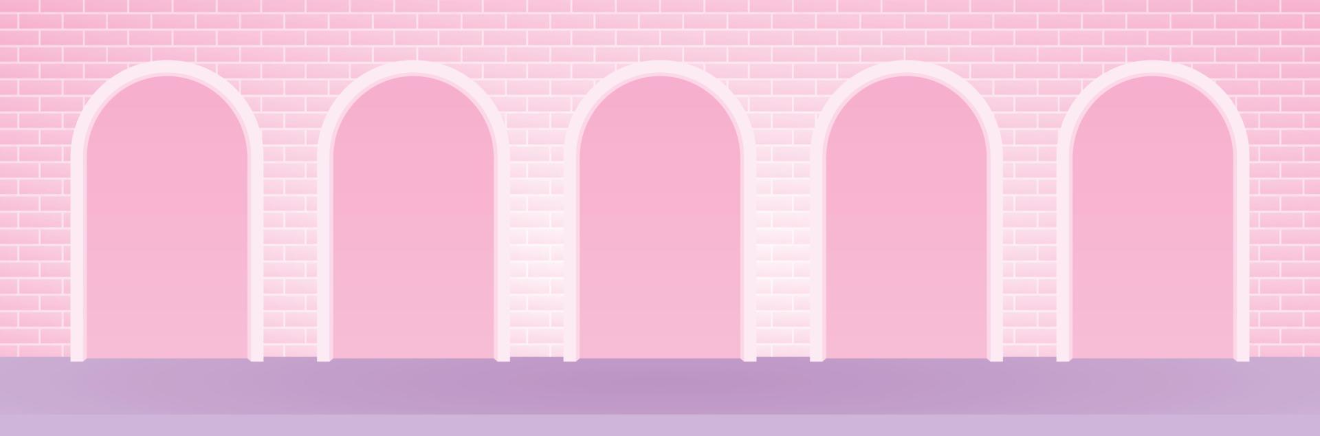 blank arch backdrop display on sweet pastel pink wide brick wall background on purple floor 3d illustration vector for putting your cute girly object