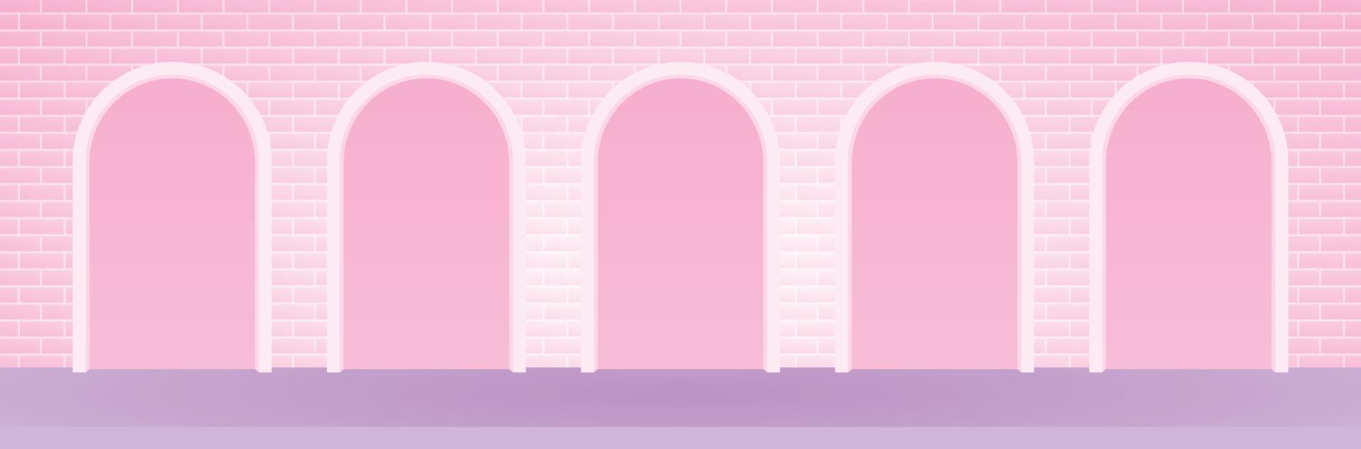 pantalla de fondo de arco en blanco sobre fondo de pared de ladrillo ancho rosa pastel dulce en piso púrpura vector de ilustración 3d para poner su lindo objeto femenino